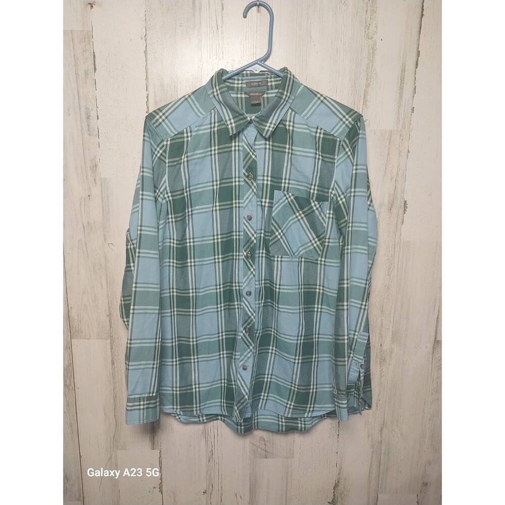 Eddie Bauer women’s plaid button up shirt size Large blue